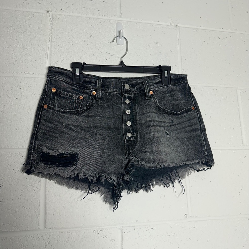 Levis 501 High Rise Distressed Denim Shorts Faded Black Button Fly Size 31